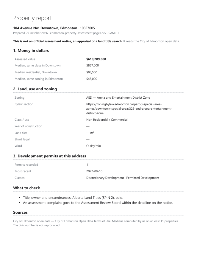 First page of the sample property report